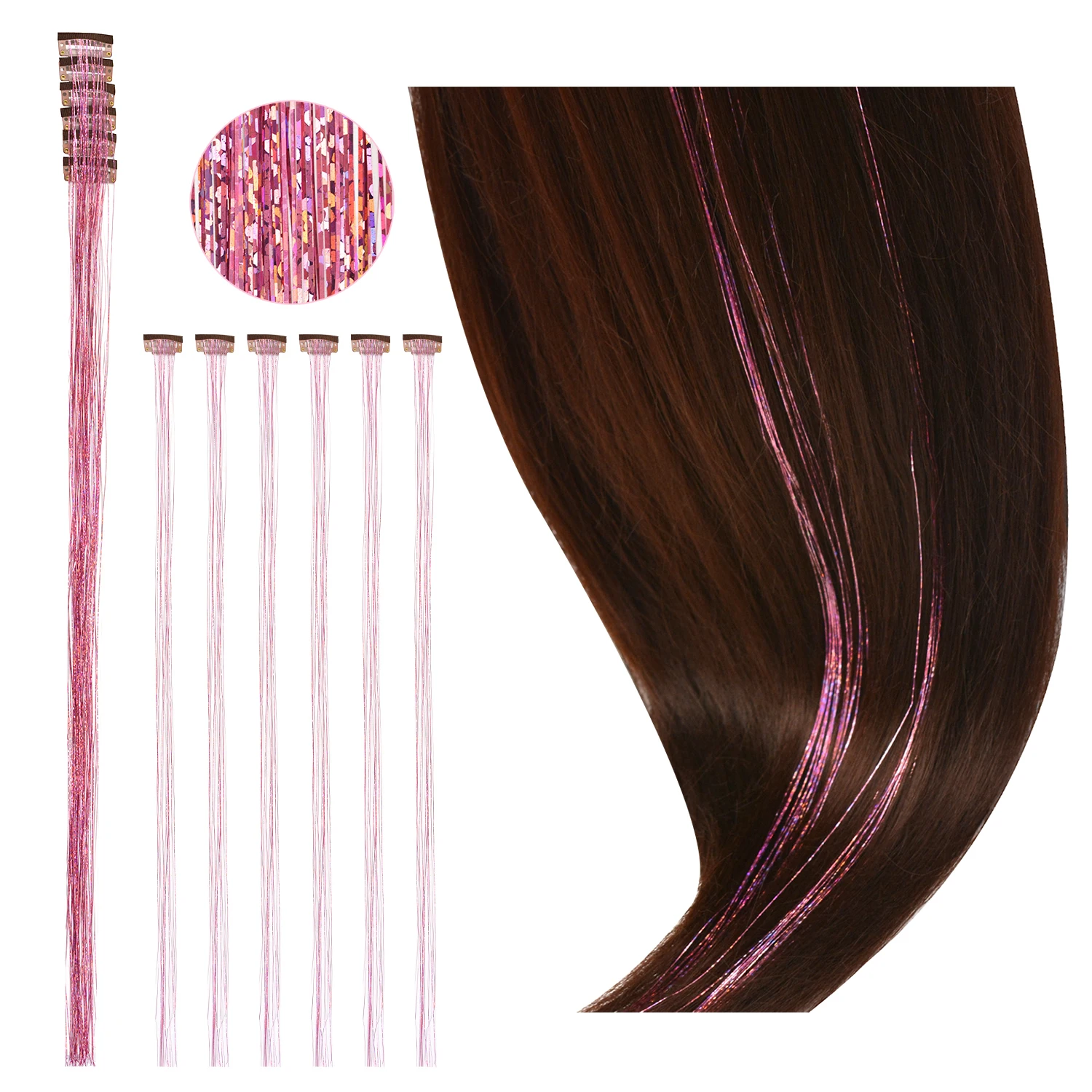 6 Pcs Clip in Hair Tinsel Kit 20.5 Inches Heat Resistant Glitter Tinsel Hair Extensions Fairy Hair Tinsel for Women Girls