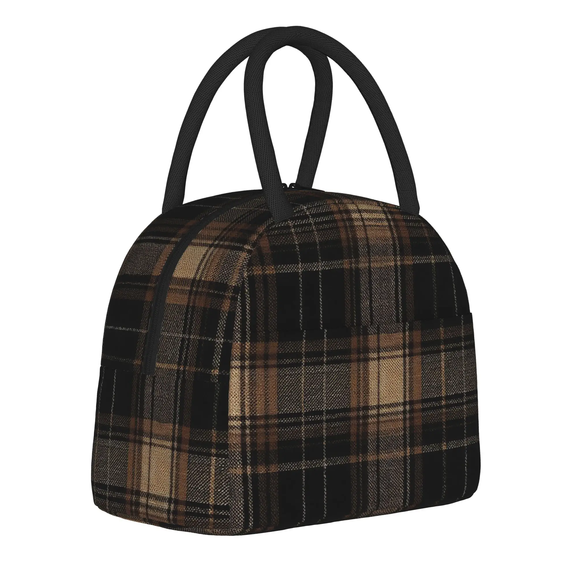 Brown Black Tartan Plaid Pattern  Insulated Lunch Bags High Capacity  Reusable Cooler Bag Tote Lunch Box College  Outdoor