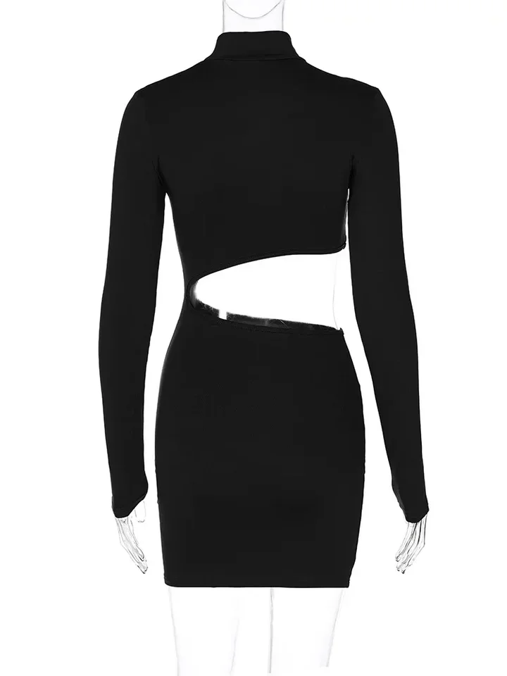 Women's Spring Autumn Bodycon Mini Dress Sexy Cut Out Long Sleeve Mock Neck Slim Fitted Tight Dress Y2K Night Club Party Dress