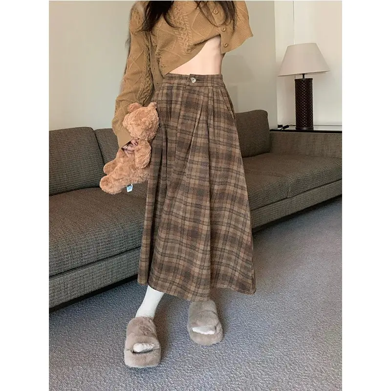 Deeptown Vintage Plaid Skirt Women Elegant Pleated Korean Style Long Skirts High Waist Autumn Winter A-line Skirts Aesthetics