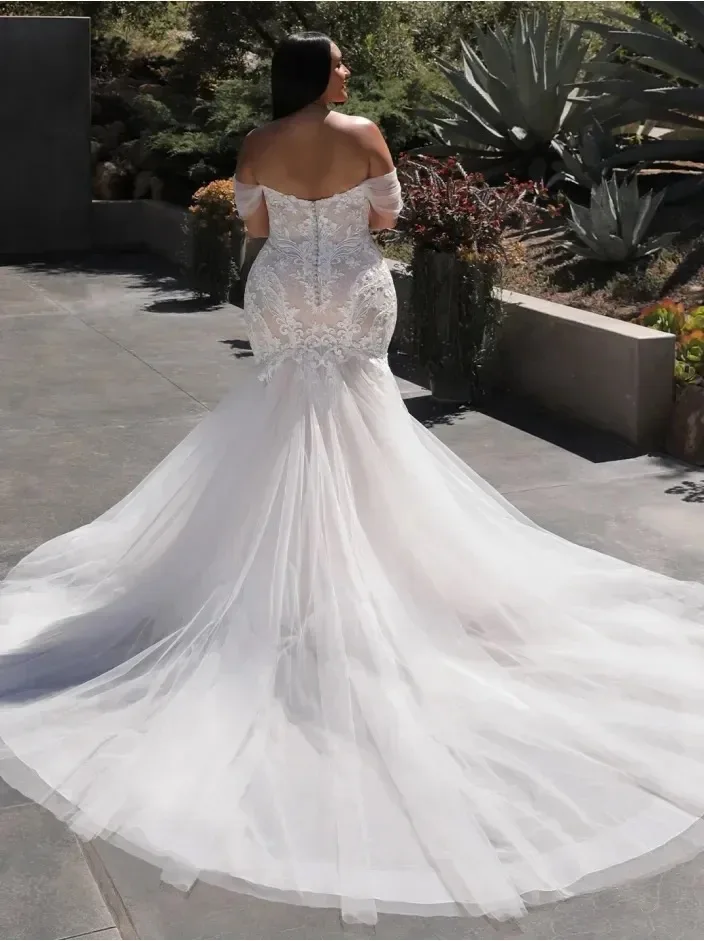 Sexy Off The Shoulder Backless Mermaid Wedding Dress V-neck robe de mariee Applique Bridal Gown Plus Size Customization vestidos