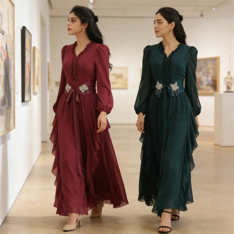 

Женское длинное платье с рюшами и стразами для Рамадана, Абайя, Дубайский кафтан, мусульманское вечернее платье, праздничное платье на Ид, Джеллаба, Кафтан, Женская роба, Джалабия