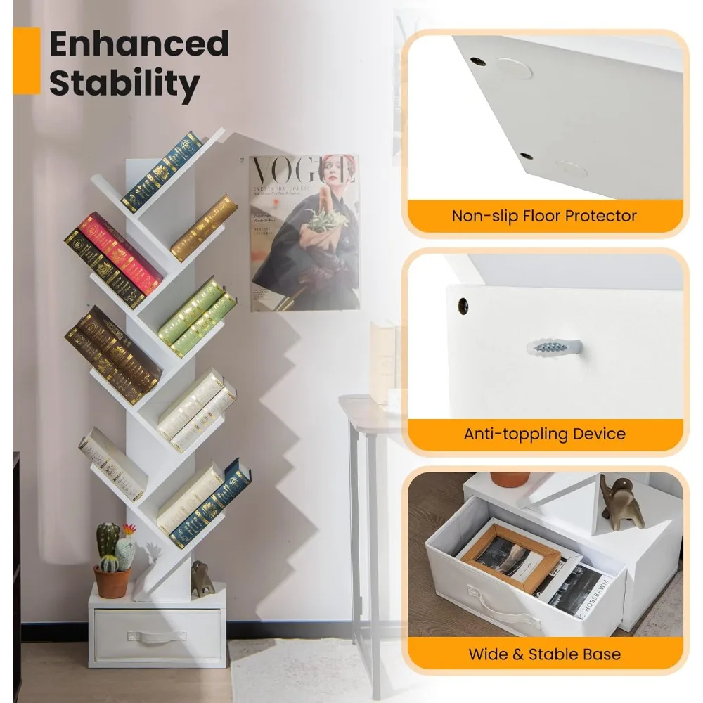 Tree Bookshelf with Drawer, 10 Shelf Space Saving White Wooden Bookcase, Freestanding Retro Wood Storage Rack, Decorativ