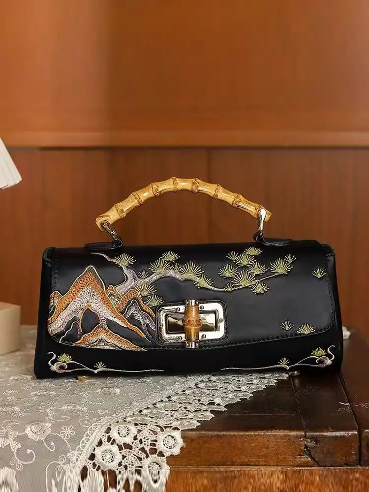 

High Quality Fashion Embroidery Floral Square Bag Bamboo Handheld Women's Handbag Lady Purse Female Shoulder Messenger Bag