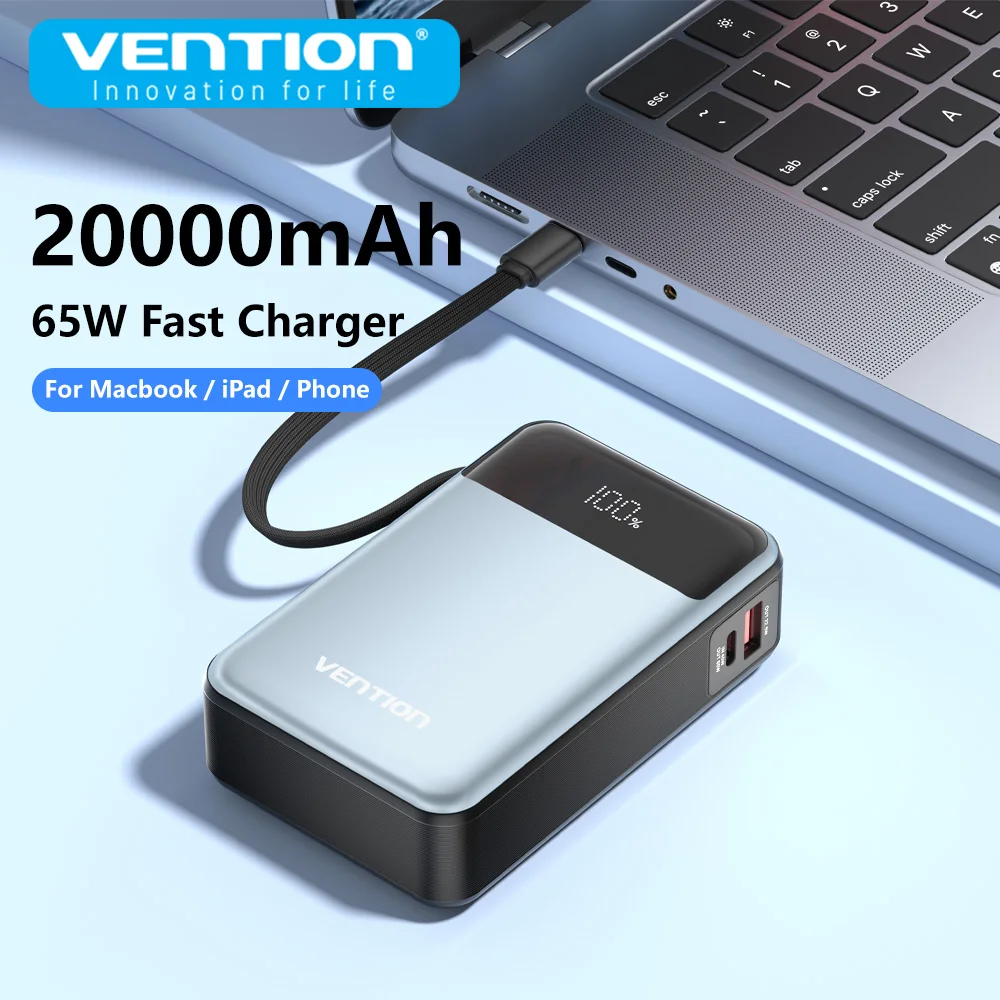 Vention Power Bank 20000mAh 65W PD cargador rápido con Cable tipo C incorporado batería de repuesto externa banco de energía portátil para ordenador 