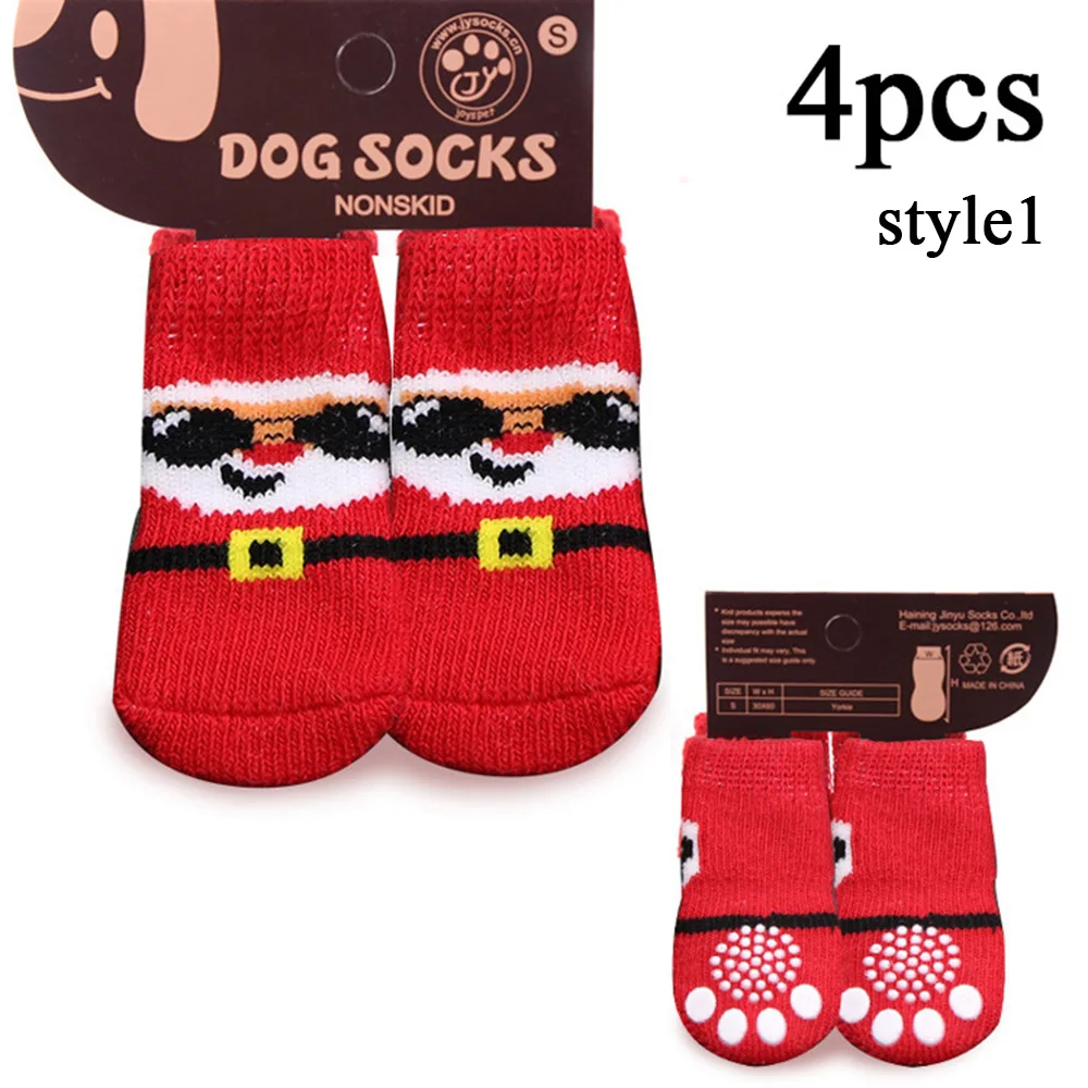 4pcs Christmas Winter Pet Dog Socks Small Cat Knit Warm Socks Dog Anti-Slip Socks Chihuahua Thick Pet Paw Protector Booties