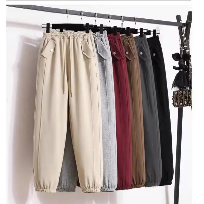 Pantalones bombachos de cintura elástica para mujer, ropa informal holgada con cordón y bolsillo, estilo urbano, sencillo y joven, para oficina