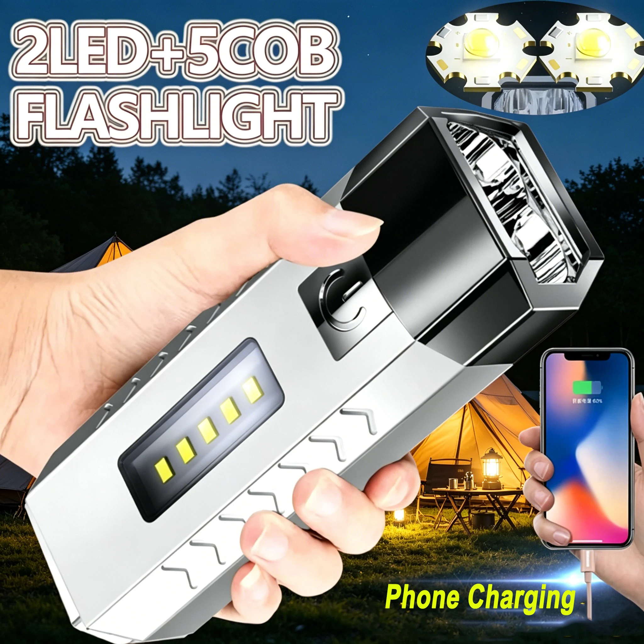 Super Bright 2*LED Flashlight with 5*COB Side Light USB Rechargeable Portable Mini Torch for Camping Emergency Hiking