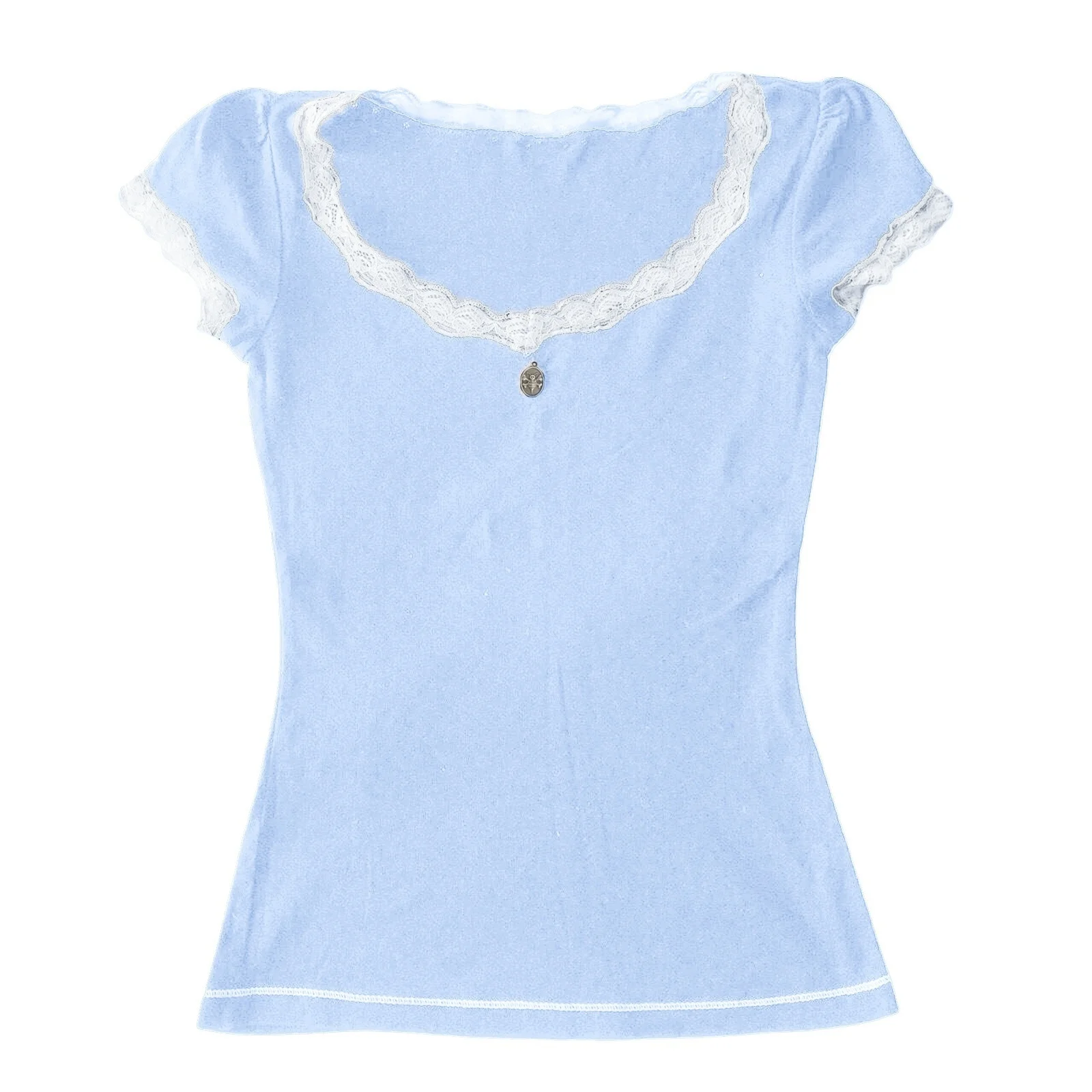 Women\'s Summer Solid Color Tops Short Sleeve Sweet Elegant Lace Trim Round Neck Slim Fit Daily T-Shirt