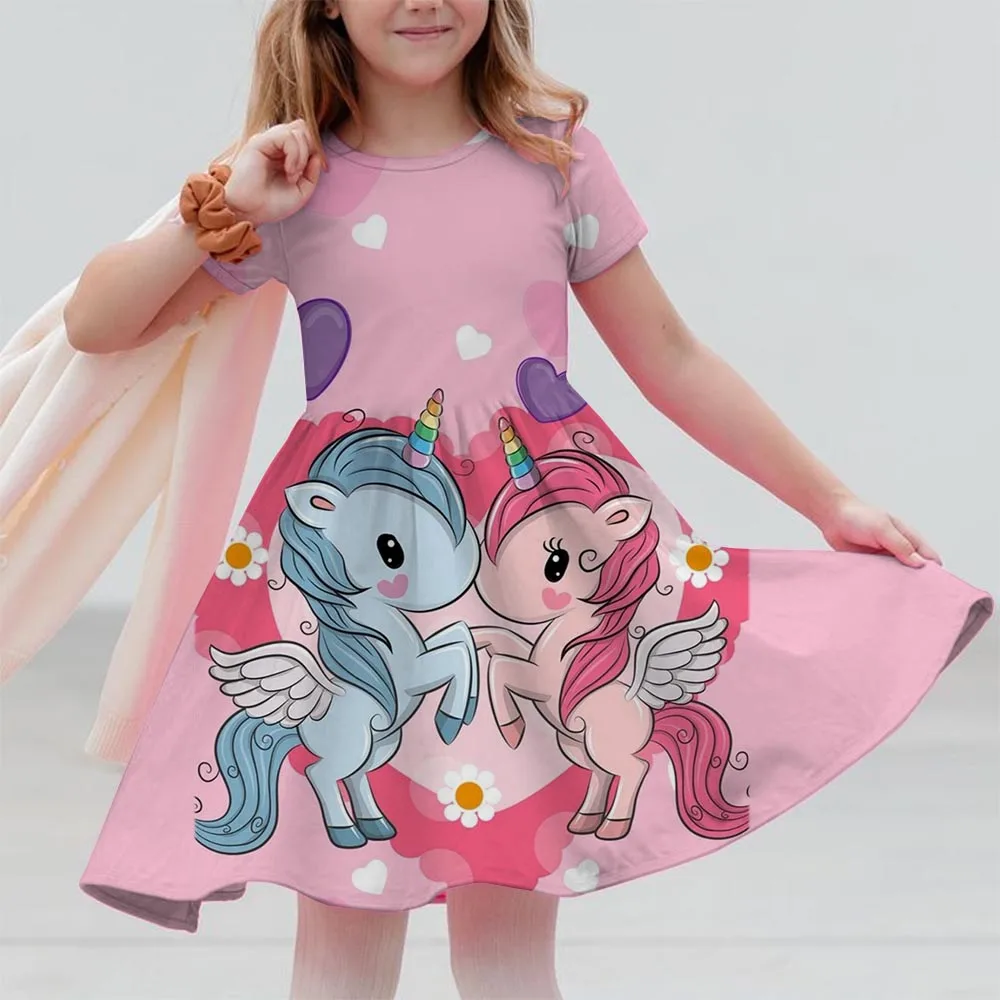 

Summer 2025 girls' short sleeved dress cute unicorn 3D printed children's skirt fashion trend performance clothing breathable ca