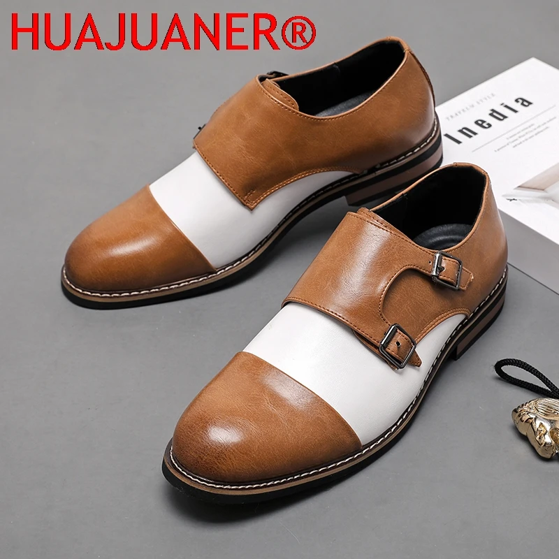 

British Style Pointed Men Dress Shoes Big Size 38-48 Casual Business Men's Leather Shoes Brown Buckle Monk Shoes Man Party Shoes