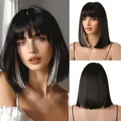Short Black With White Highlights Synthetic Wigs for White Women Natural Hair With Bangs Lolita Cosplay Heat Resistant Fiber Wig