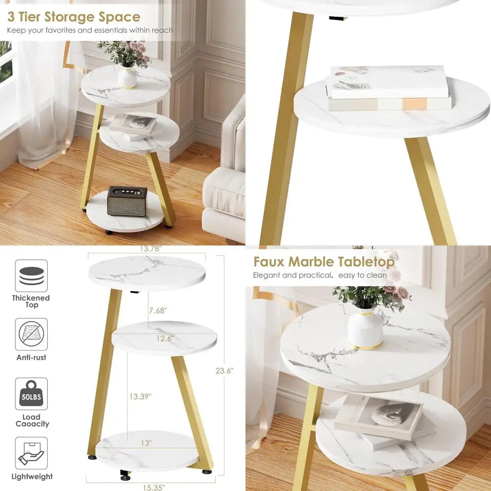 

Marble Top Round End Table with Metal Frame, 3-Tier Small Nightstand, Gold & White Living/Bedroom Stand KTZ41J