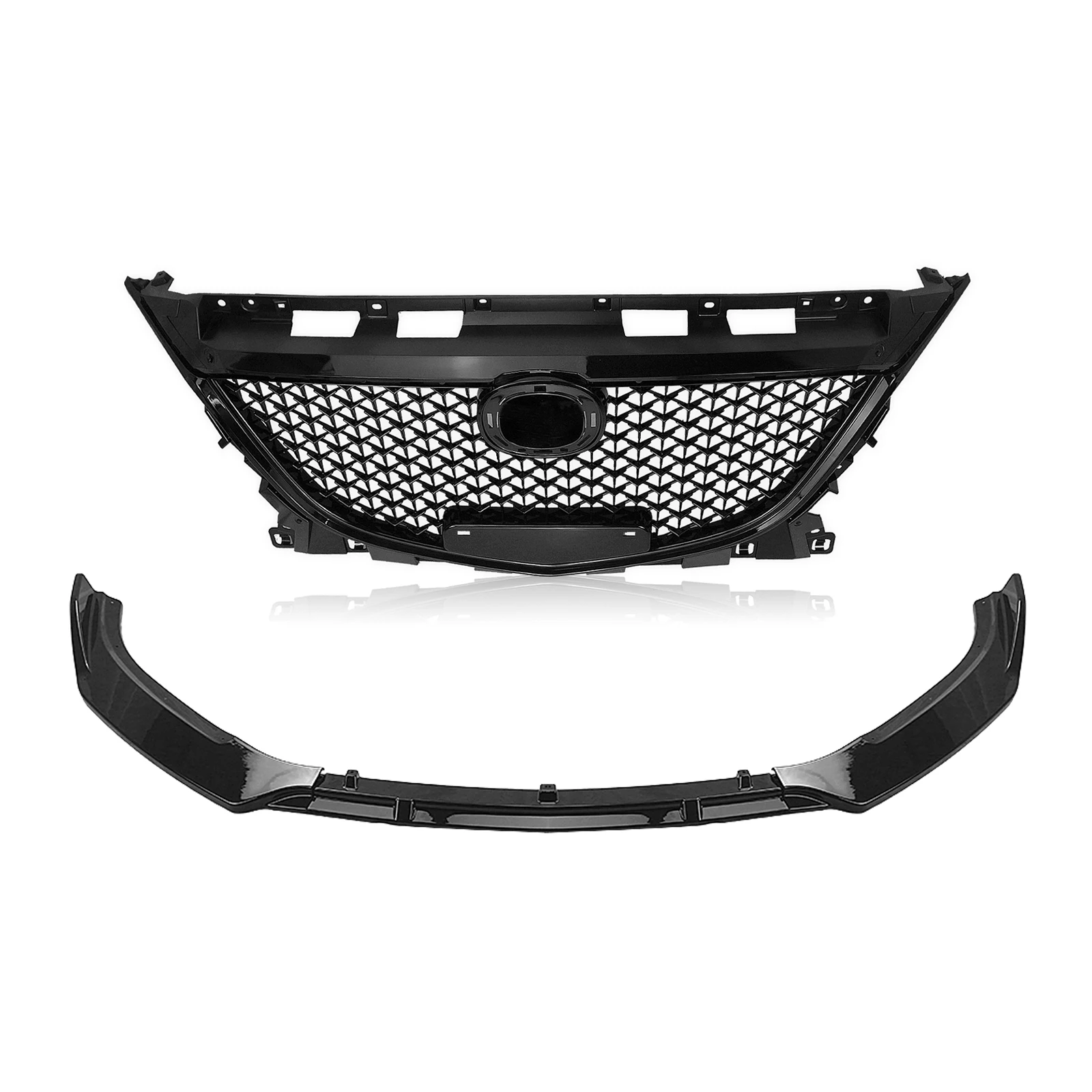 For Mazda 3 Axela 2014-2016 Mazda3 Black Honeycomb Look Car Upper Grille Grill+Front Bumper Lower Spoiler Lip Splitter Blade Kit