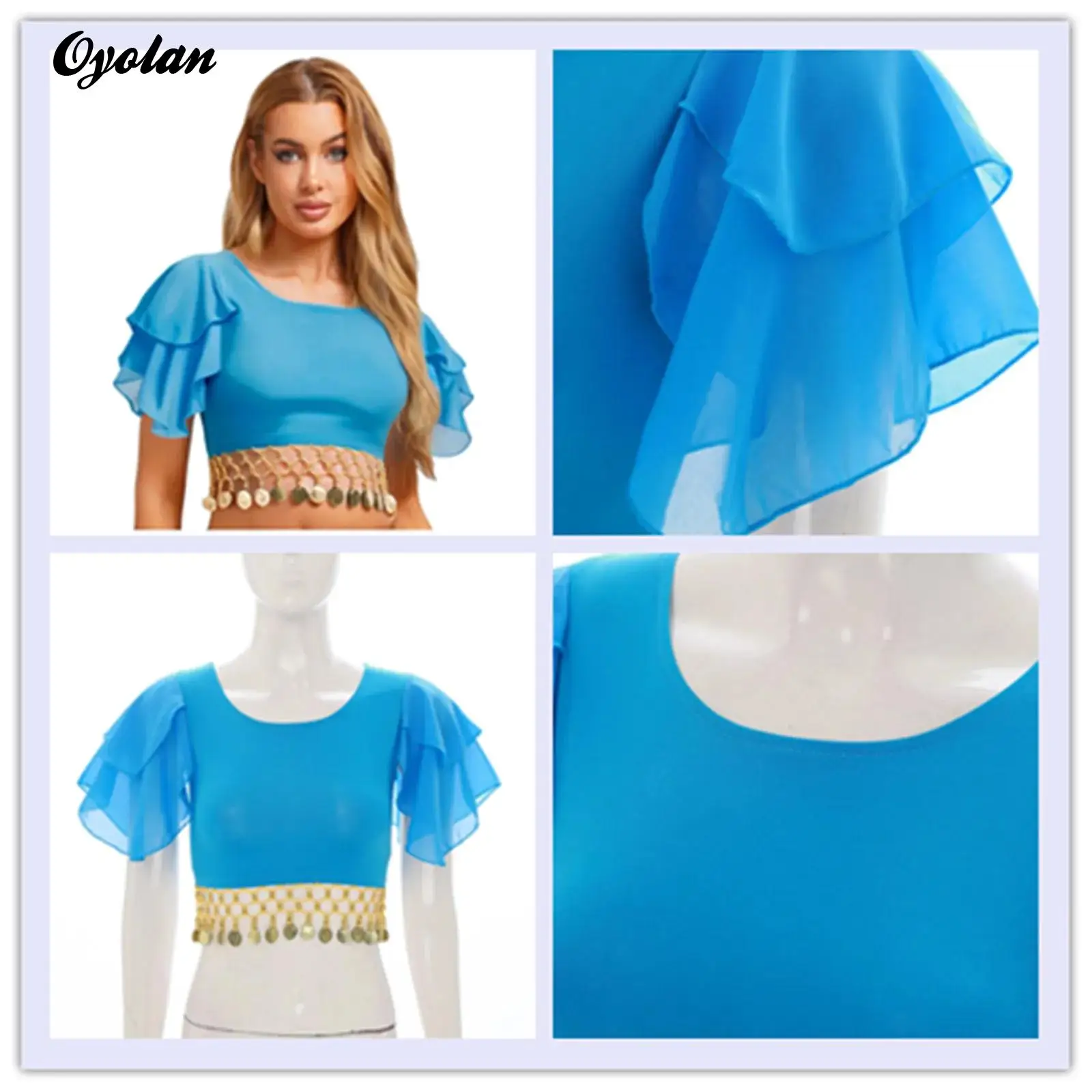 Womens Indian Belly Dance Crop T-shirt Ethnic Dance Performance Costume Crop Top Tiered Lotus Sleeve Tassel Pullover Blouses