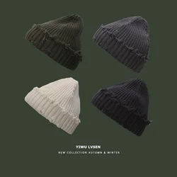 2024 New Fall and Winter Hip Hop Trend Broken Brim Knitted Hat Woman Man Green Grey Black White Hole Cap Warm Hat Bonnets Fall