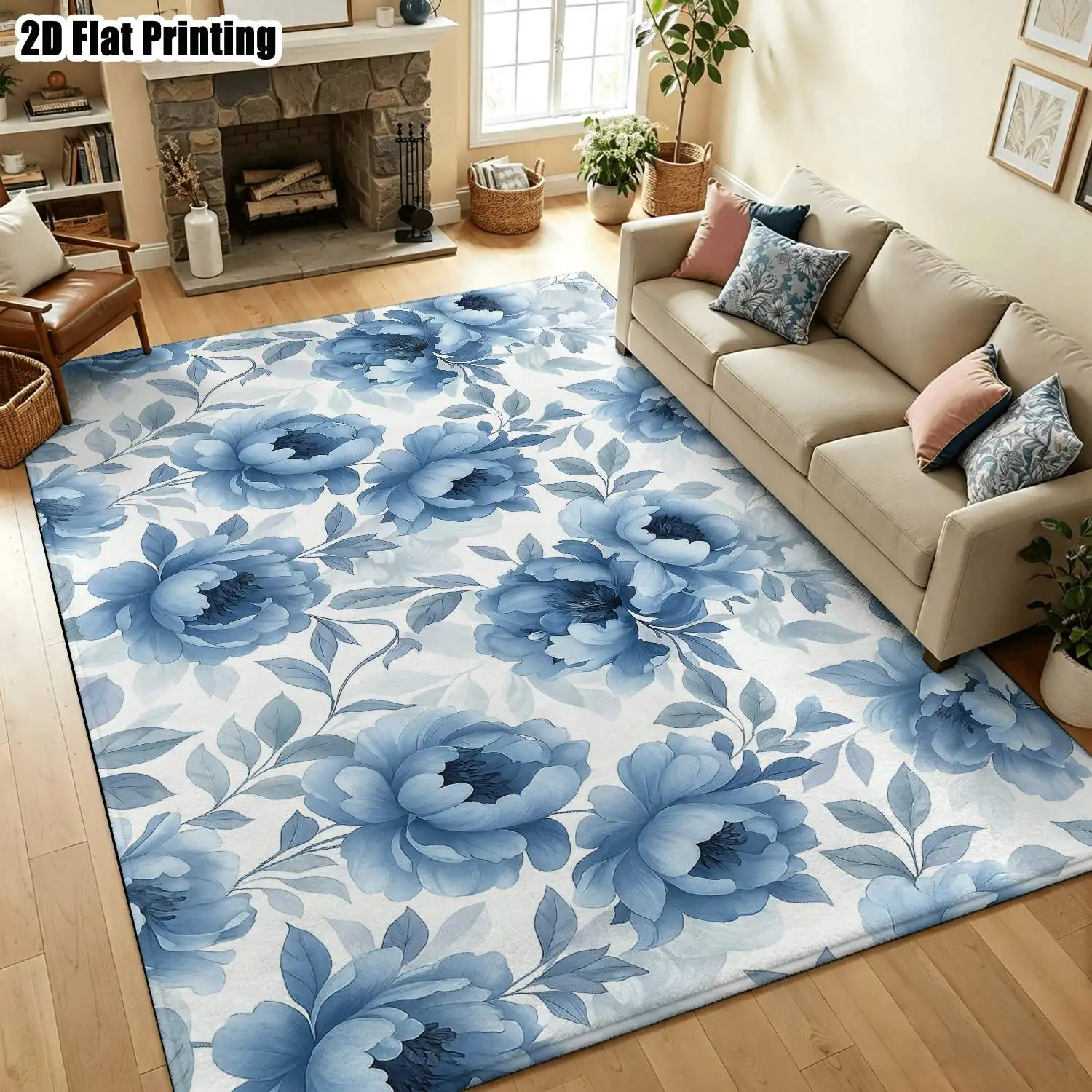 1Pc 2D Printed Blue-White Floral Carpet: Nordic/Instagram/Modern Minimalist/European/Vintage Style, Multi-Size, Machine Washable, for Entryway, Dining Room, Foyer, Bedroom, Living Room Home Decor
