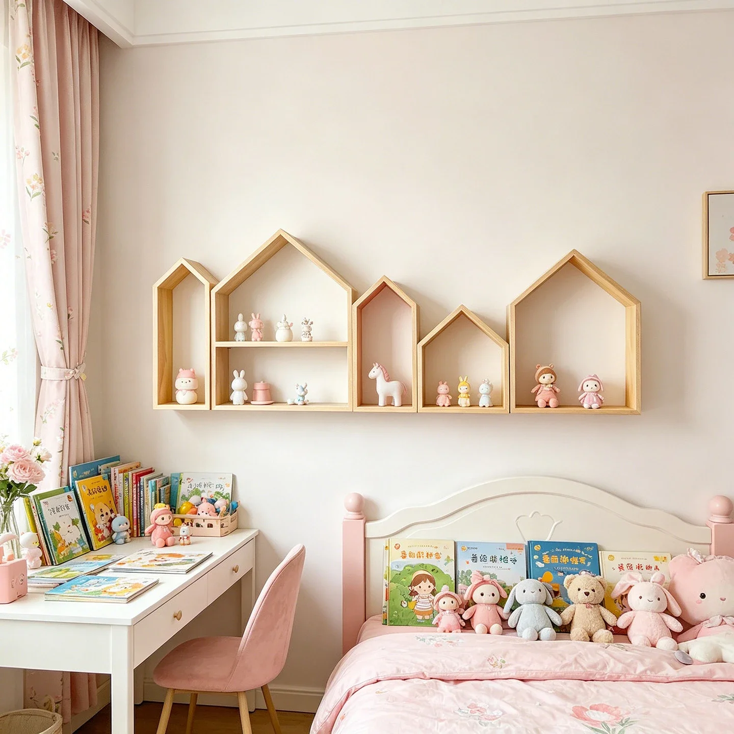 yesWooden House Shaped Wall Shelf Storage Rack, Scandinavian Kids Room Decor, Rustic Hanging Display Shelf for Nursery Home