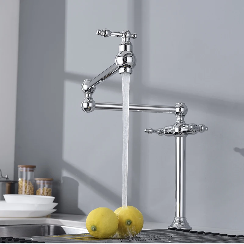 Single Hole Kitchen Folding Sink Faucet Deck Mounted Pot Filler Taps Modern Double Handle Hot and Cold Mixer Tap Chrome