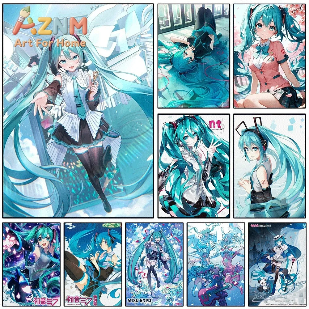 Hatsune Miku Fantasy Piano School Uniform Concert Collage Canvas Painting Unframed Anime Vocaloid Wall Art Poster for Bedroom
