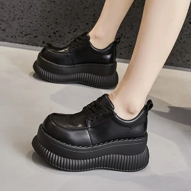 

Fashion Women Chunky Sole Loafers 8.5cm Platform Wedge Sports Shoes Genuine Leather British Style Casual Height Increasing Shoes