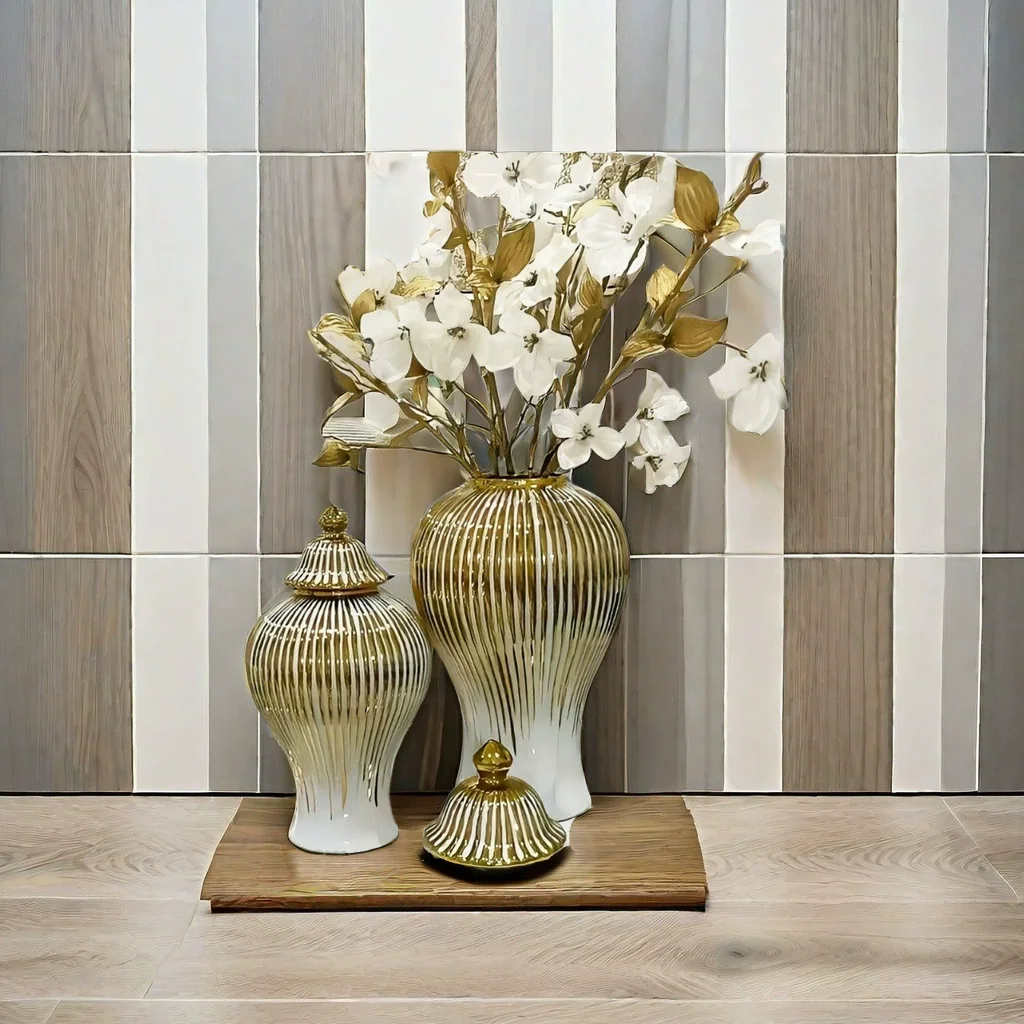 42CM Big Vase Ceramic Light Electroplated General Cans Flower Vase Crafts Decorative Decorative Storage Tanks with Soft