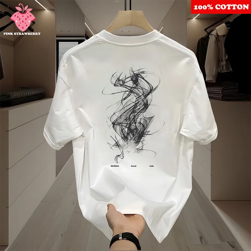 

American Abstract Pattern Print T-shirt Men's Summer 2025 New 100%Cotton Short sleeve T-shirt Loose Casual Y2k Top Male Clothing