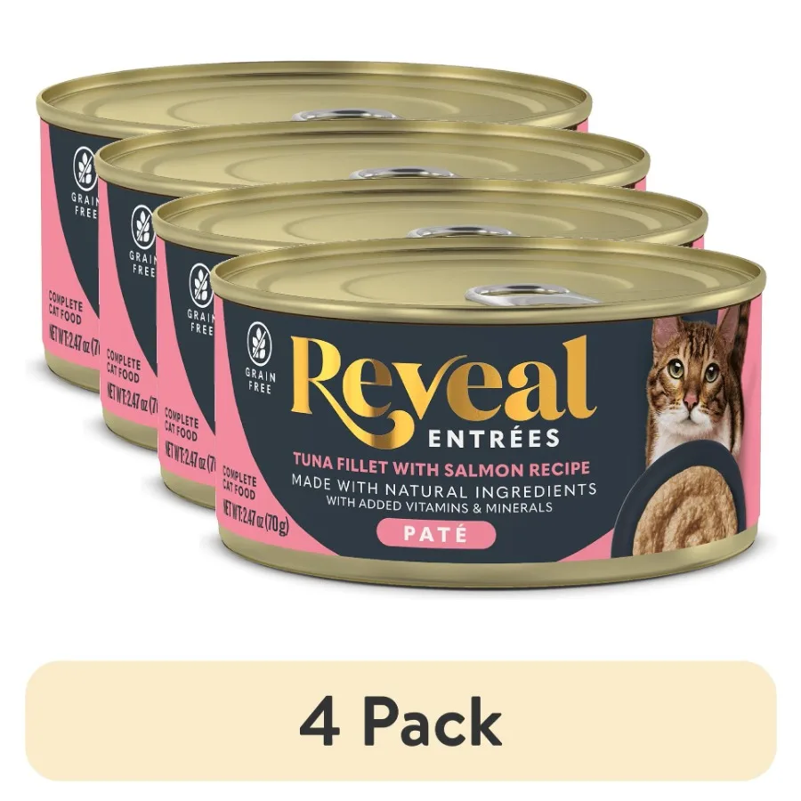 Paquete de 4 Comidas Húmedas Naturales para Gatos, Atún con Paté de Salmón en Caldo, Lata de 2.47 oz