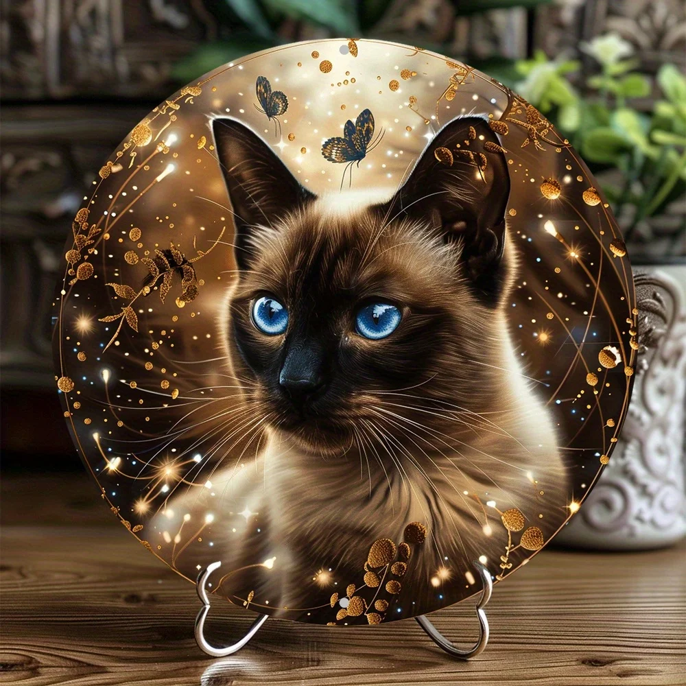 لوحة فنية جدارية من الألومنيوم على شكل قطة سيامية مقاس 8 × 8 بوصة - توجيه الصورة، ديكور مقاوم للطقس، مطبوع عالي الدقة، حفر مسبقًا، بدون ريش، El #1