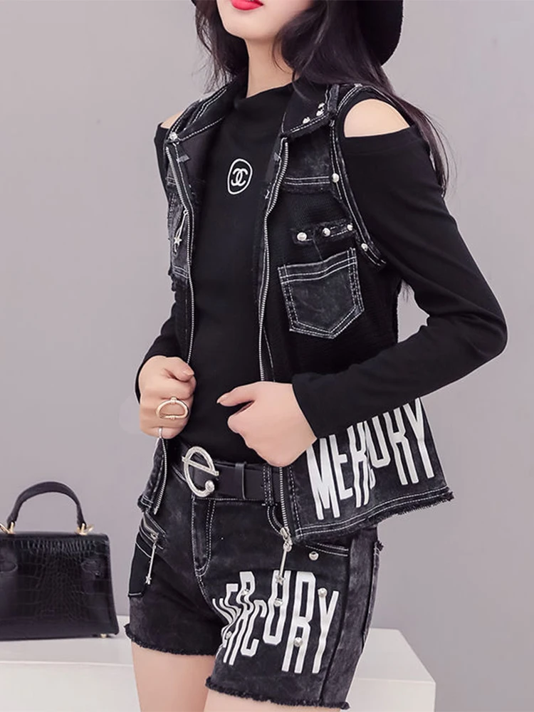 

Women's Denim Set Spring Autumn Hollow out Mesh Letter Print Rivet Tank Top Shorts Two Piece Set Fashionable Korean Style