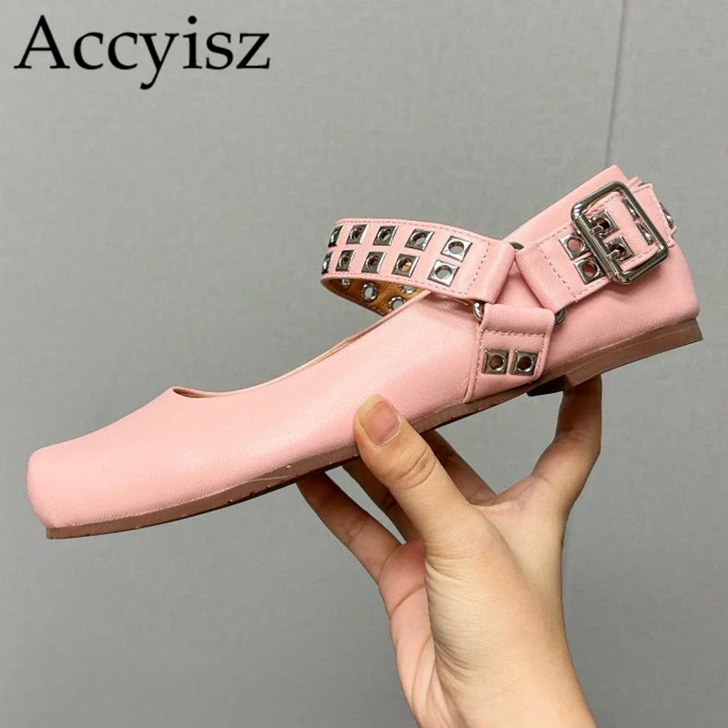 

Spring Flat Square Toe Ballet Shoes Women Genuine Leather Shallow Mouth Metal Belt Buckle Single Shoes Vacation Walking Shoes