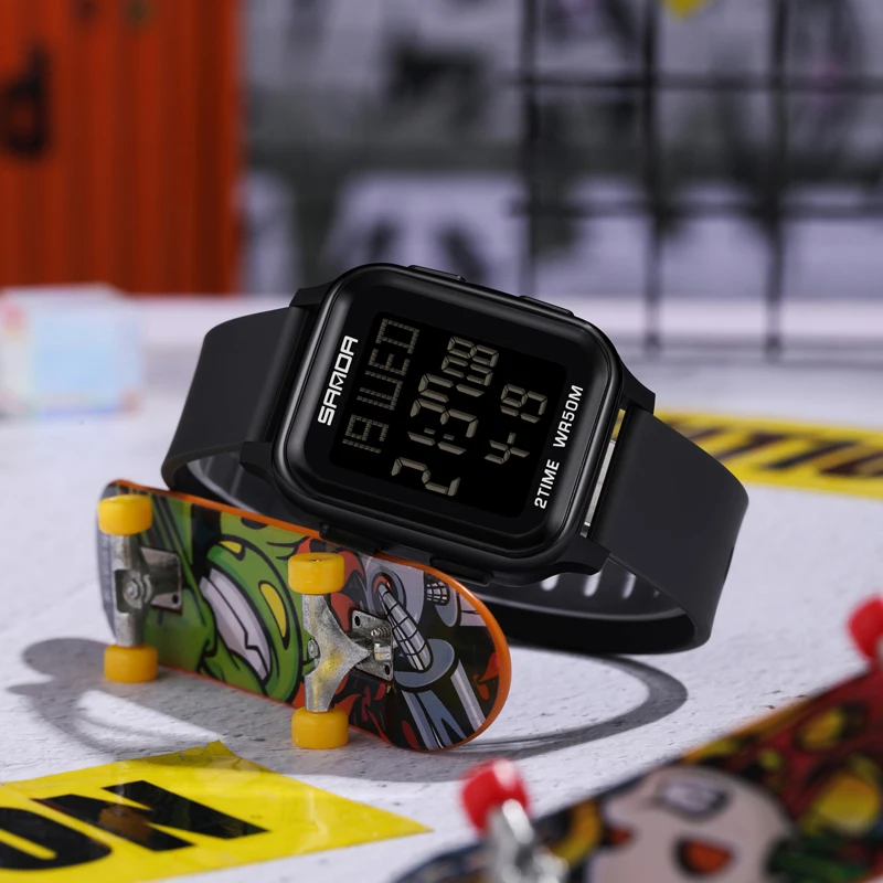 Sanda marca superior de luxo relógios masculinos luminosos à prova dwaterproof água quadrado eletrônico digital relógios pulso multifuncional cronômetro