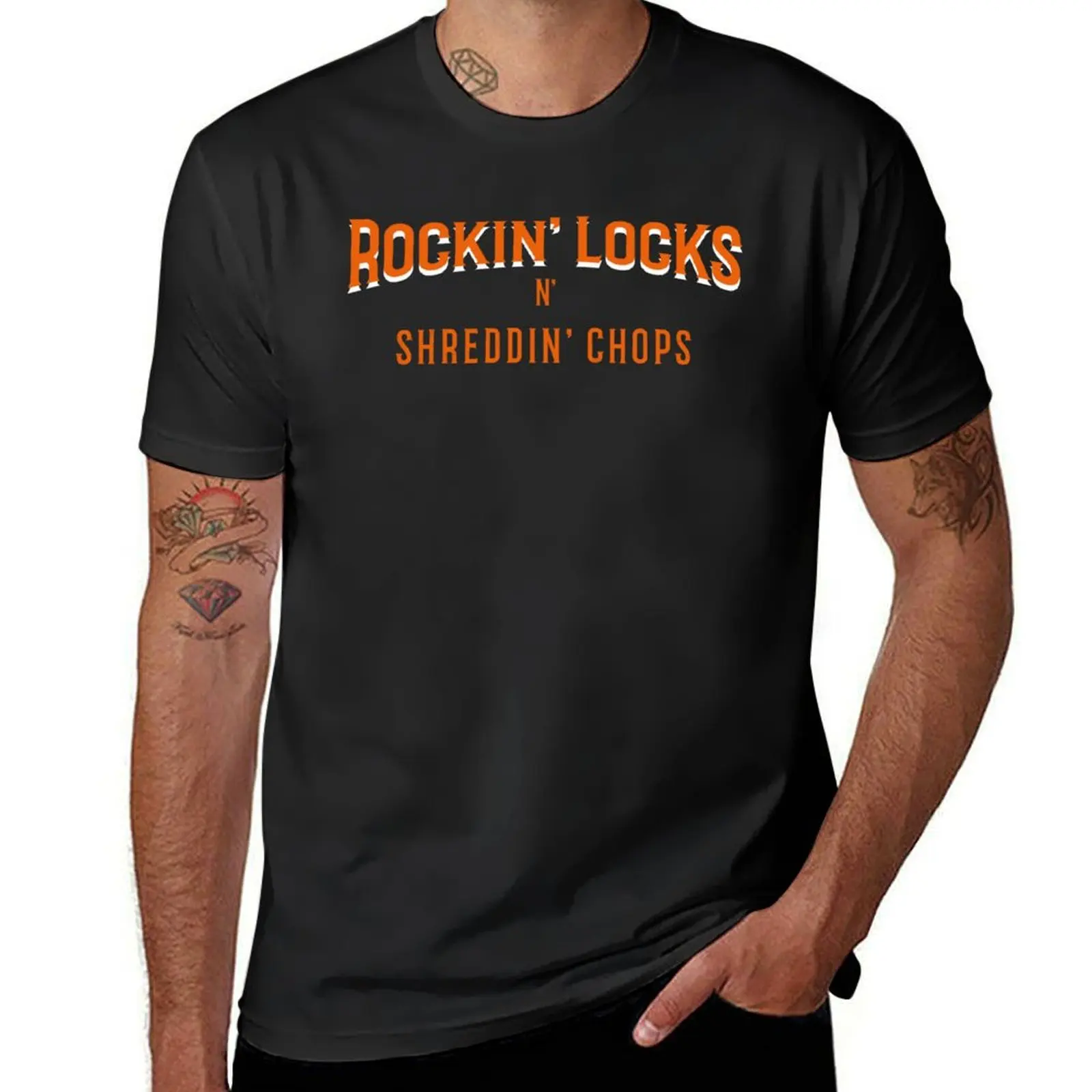 ROCKIN' LOCKS N' SHREDDING CHOPS text T-Shirt korean fashion boys whites mens vintage t shirts