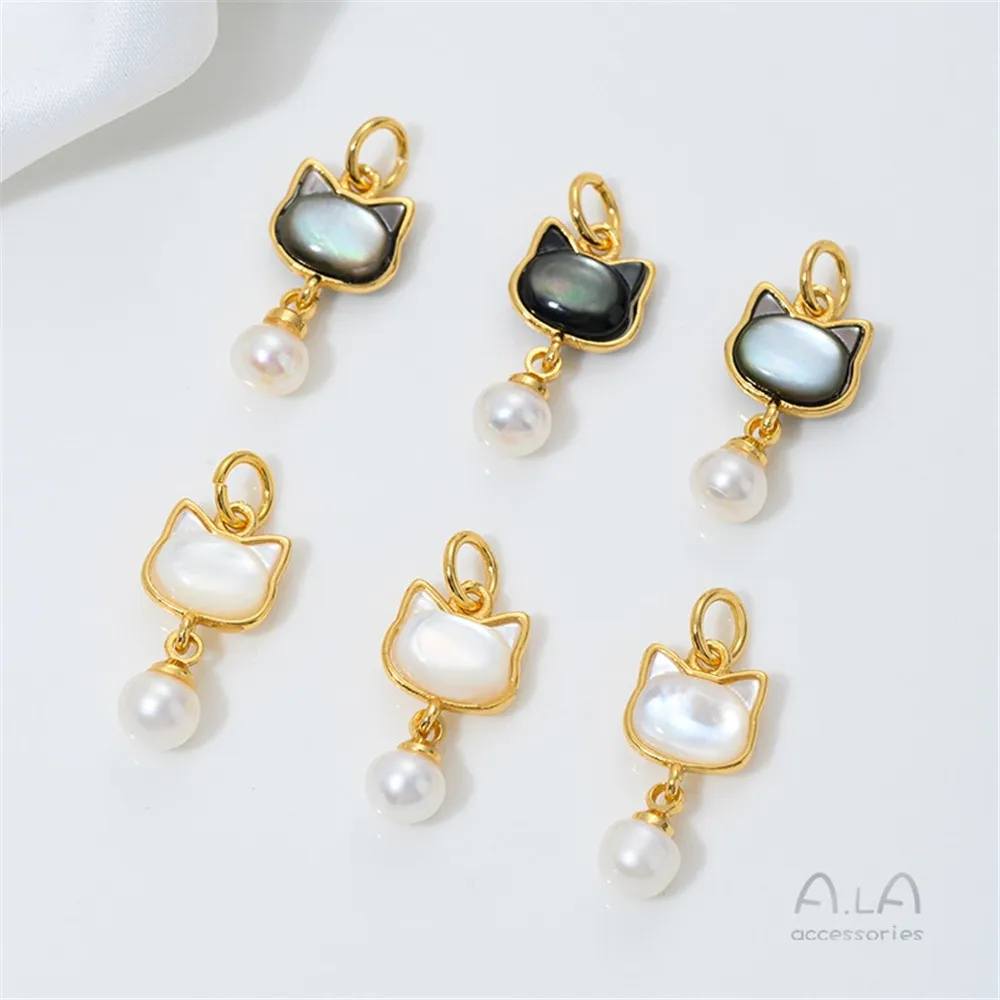 Hang Natural Mother-of-pearl Cat Head Pendant Plated with 24K Real Gold Drip Pendant DIY Handmade Jewelry Accessories