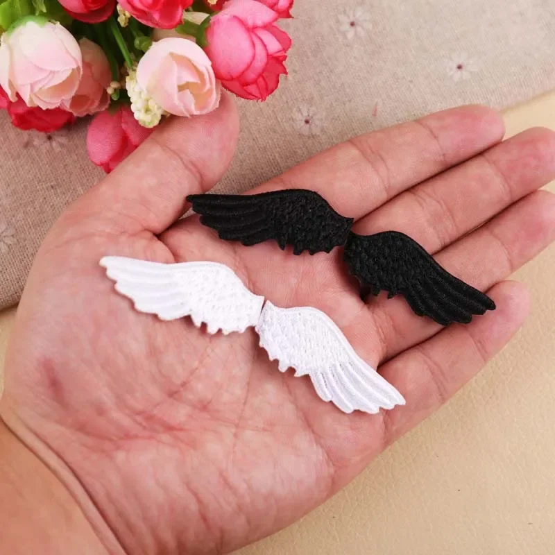 White Angel Wings Embroidery Patches Black Angels Iron on Wing Pair Appliques Small Heat Seal Cloth Stickers for Caps Shoes Bags