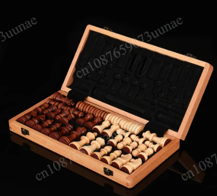 Non-magnetic 2-in-1 wooden chess checkers set, equipped with two rear, professional board game toys