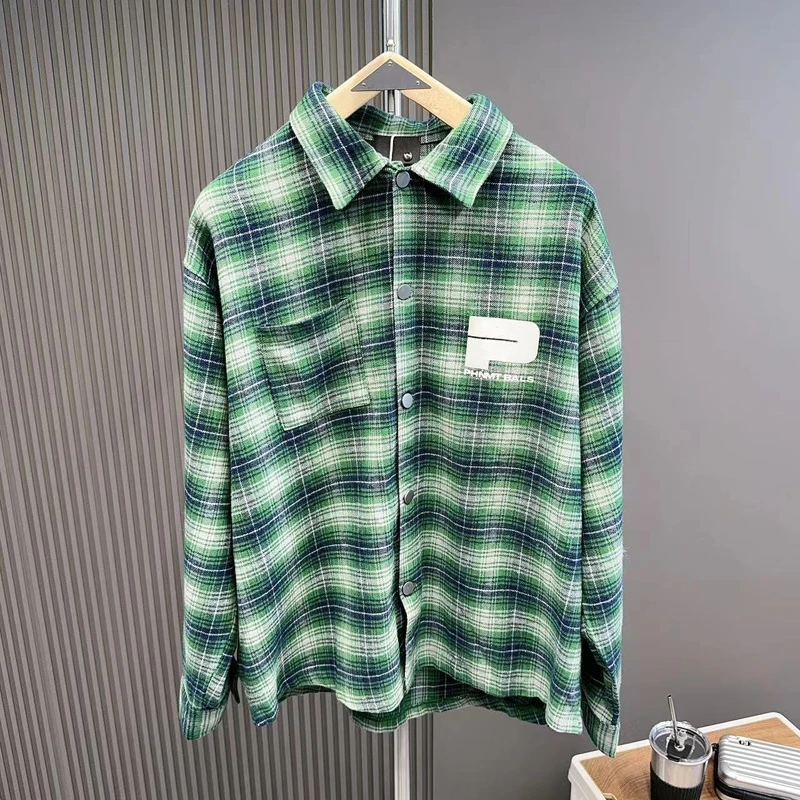 Autumn New Foam Letter Logo Blue-green Checkered Shirt Trendy Vintage Clothing Men Women Loose Casual Shirt Blouse V-shape