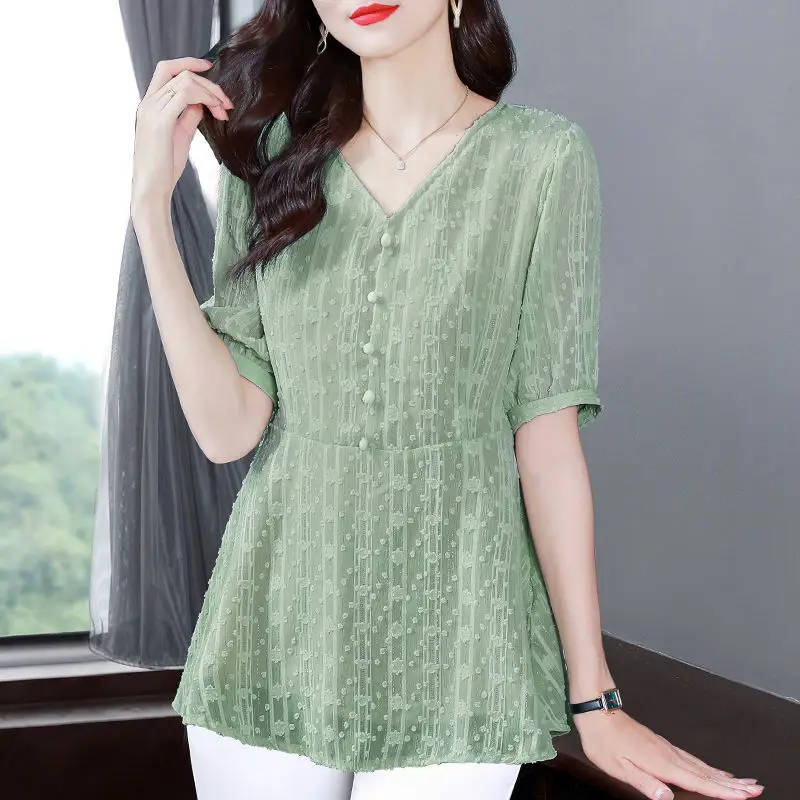 Mode V-Hals Knoop Gesplitst Effen Kleur Chiffon Blouses Dameskleding 2024 Zomer Nieuwe Losse Casual Tops Office Dame Shirts