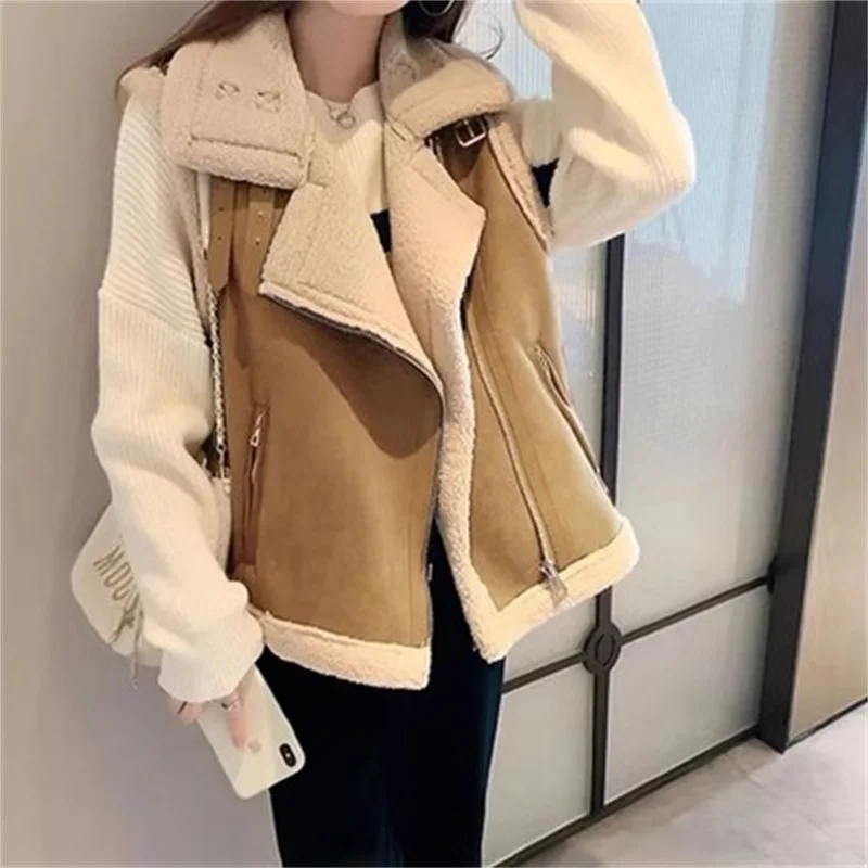 

Leather and Fur Integrated Lamb Fur Waistcoat Women 2023 Autumn and Winter New Loose Korean High Necked Deer Fur Vest Coat Lady