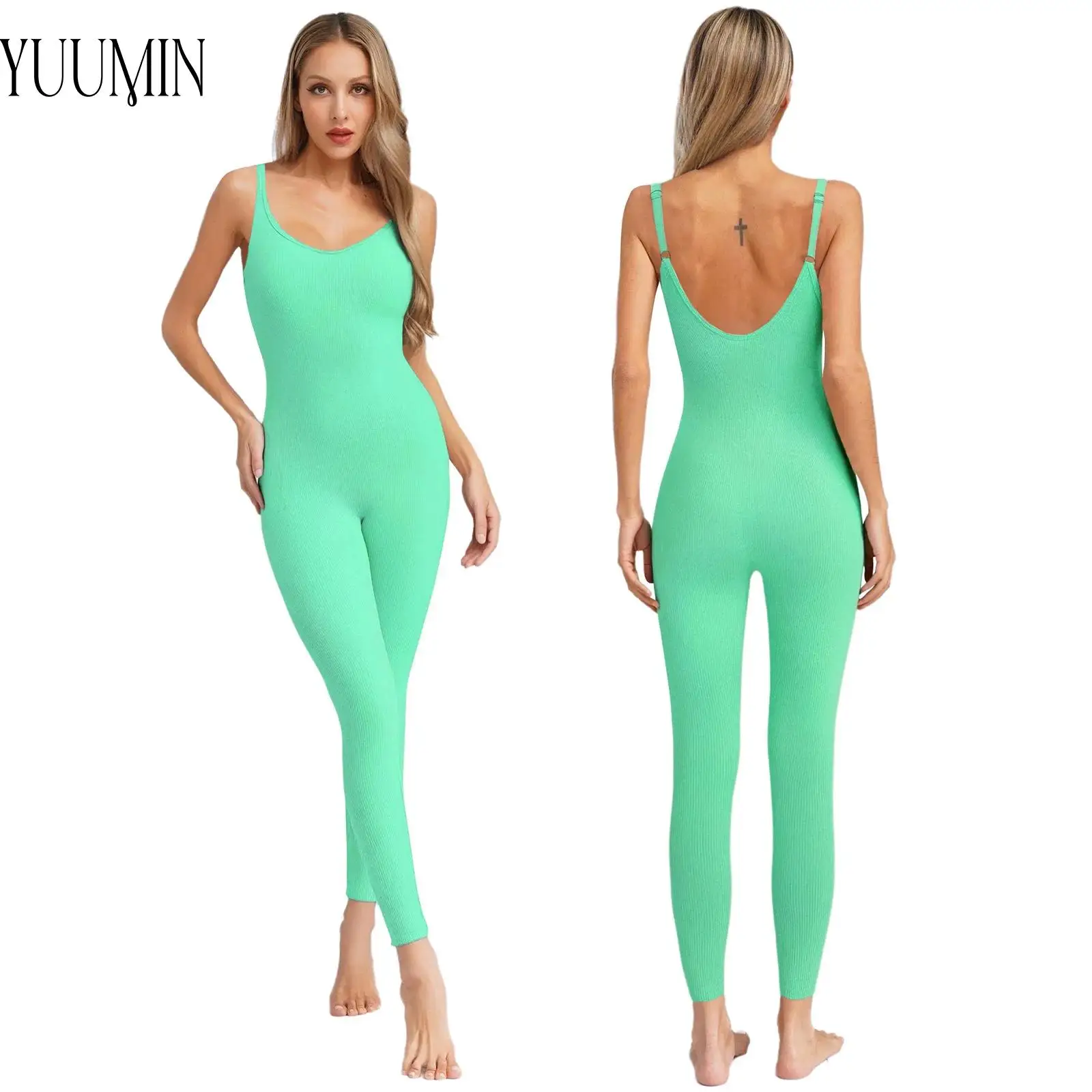 

Sports Womens Yoga Workout Jumpsuit Sleeveless Ribbed Jumpsuit Adjustable Spaghetti Straps Athletic Bodysuit Full Body Leotard