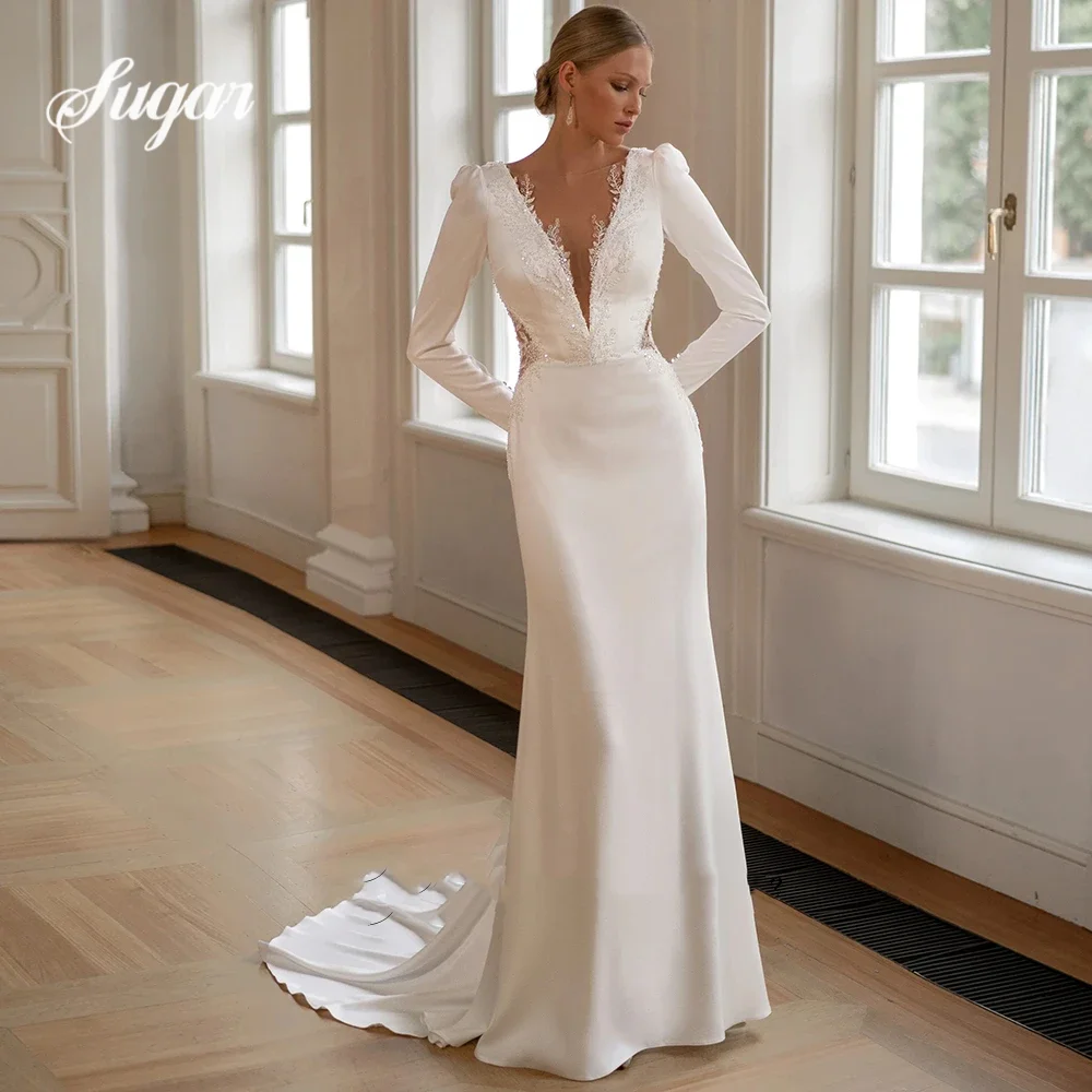 Lace Deep V Neck Mermaid Boho 2026 Wedding Dress Applique Long Sleeves Bridal Gown Backless Outdoor Ceremony Floor Length