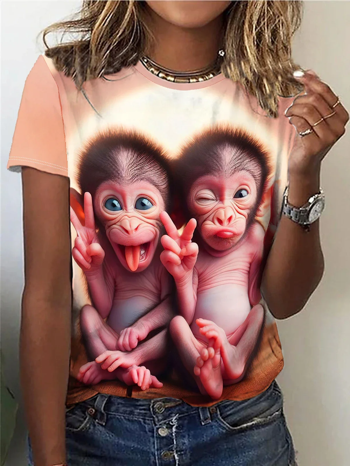 

Women's Clothing Cute Little Monkey Print T-shirt, Casual Crew Neck Short Sleeve Top for Spring & Summer