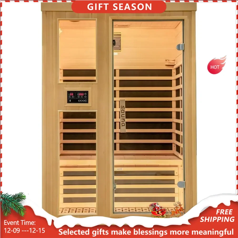 2 Person Far Infrared Home Indoor Sauna, Hemlock Wooden Dry Sauna Set,1750W Personal Sauna Room Home Workout Use Truck Delivery