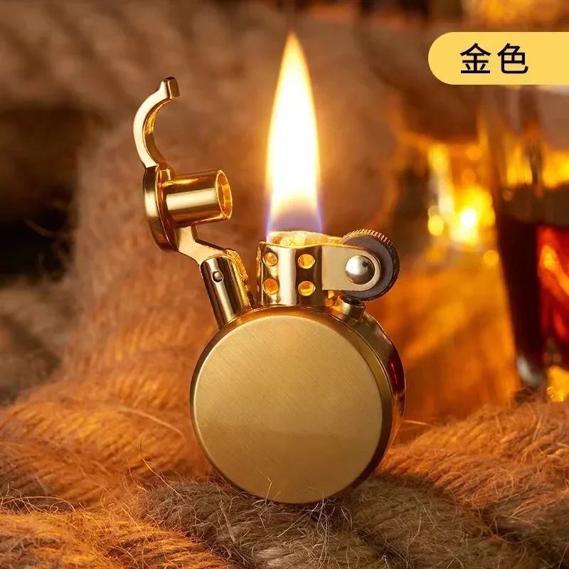 

New Retro Round Lighter Creative Metal Windproof Flame Lighter Gold And Silver Oil Lighter Smoking Accessories Tool