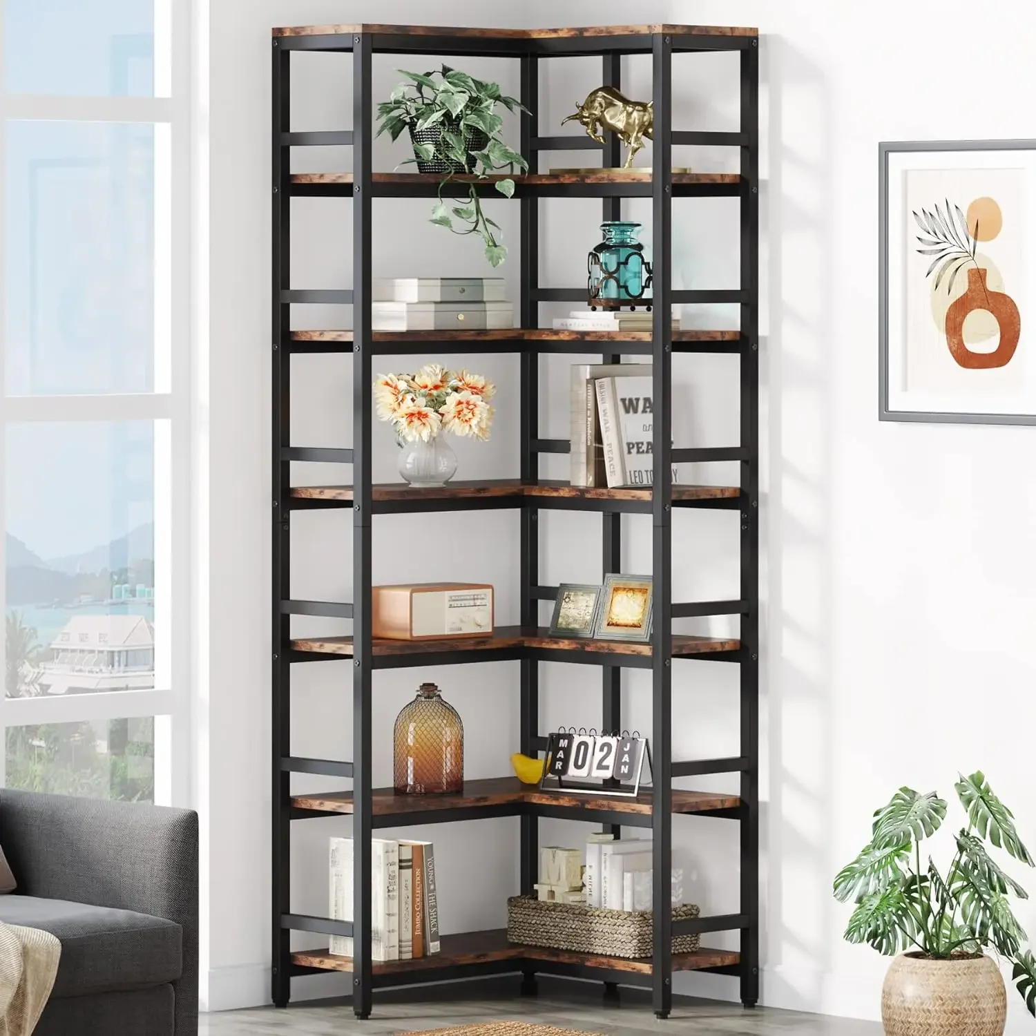 Tribesigns 7 Tier Tall Corner Bookshelf, 78.74”Industrial Corner Etagere Bookcase