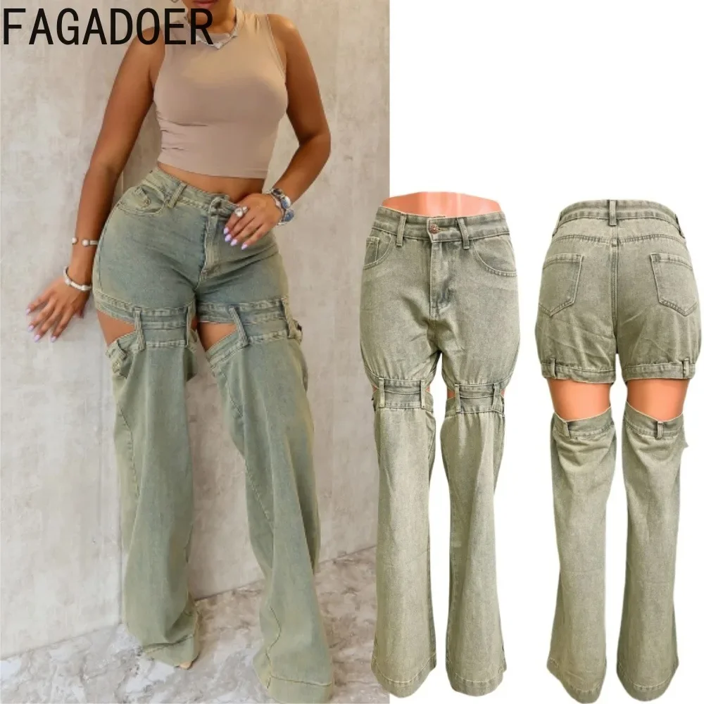 

FAGADOER Retro Denim Pants Women Streetwear Hollow Patchwork High Waist Wide Leg Washed Jeans Hot Girl Bottoms Autumn Winternew