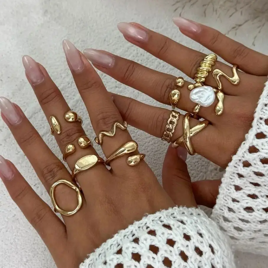 SHIXIN 12Pcs/Set Fashion Hollow Irregular Open Ring for Women Smooth Water Drop Wavy Geometric Adjustable Rings Set Lady Jewelry