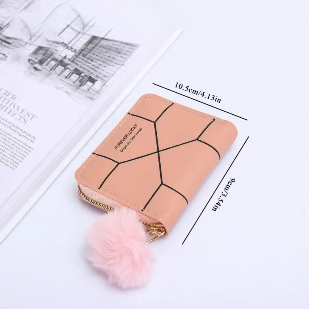 Fashion Zipper Card Holder PU Leather With Pom Pendant Short Wallet Printed Female Bag Women Girls Female Bag