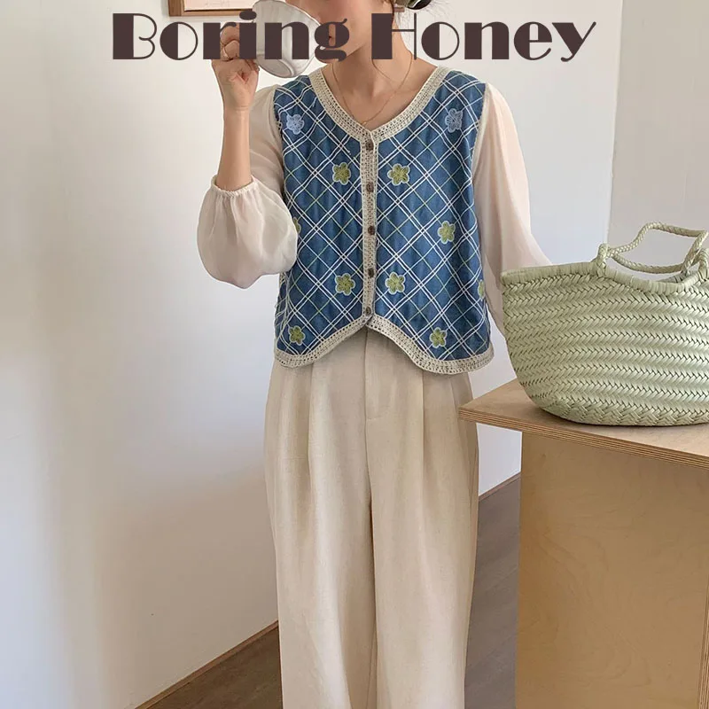 

Boring Honey Spring Summer V-Neck Single Breasted T-Shirt Women Jean Join Together Chiffon Sleeve Tops New Sweet Flower Thin Top