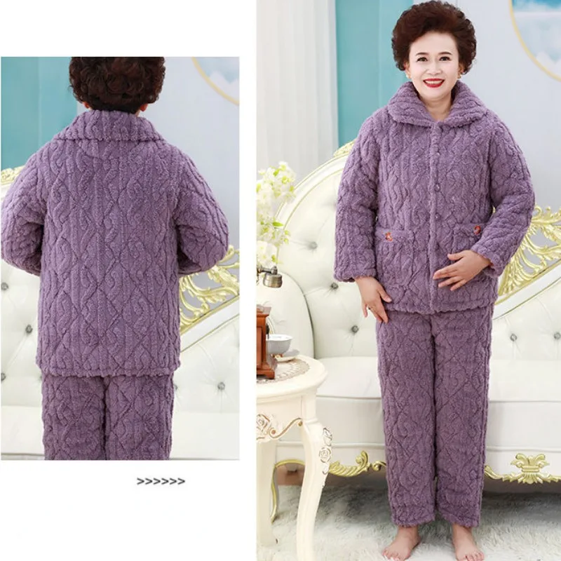 Middle Aged Elderly Winter Cotton Padded Pajamas Three Layers Thickened Coral Velvet Homewear Women's Oversized Loungewear Set
